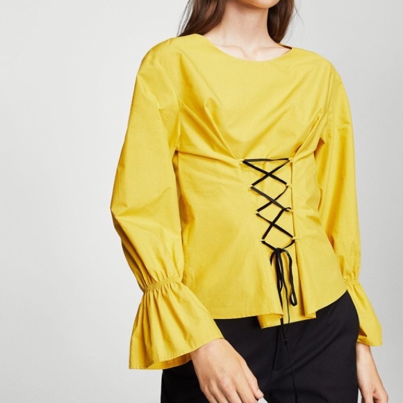 MANGO Yellow Corset Long Sleeves Cotton Blouse - Picture 2 of 7